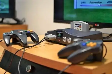 Nintendo 64 console and cartridge setup with classic controller