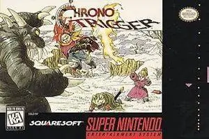 Chrono Trigger SNES box art featuring Crono, Marle, and Lucca in battle