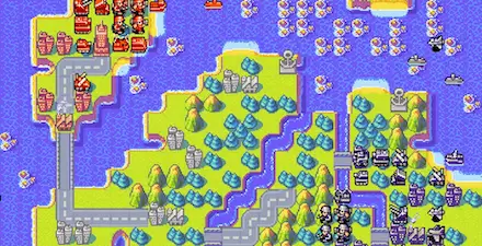 Advance Wars GBA battlefield view showing towns, bases, and unit control