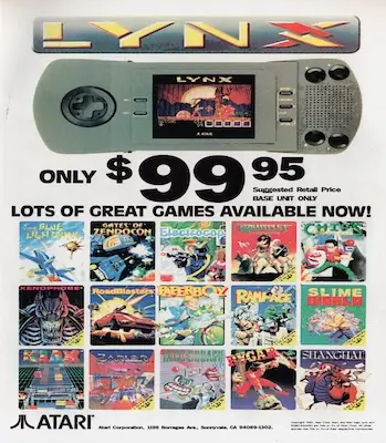 The Atari Lynx, a pioneering 90s handheld game console, featured a color display and network play, setting it apart from competitors.