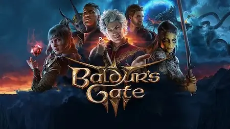 Baldur's Gate 3 promotional artwork featuring the main party characters.