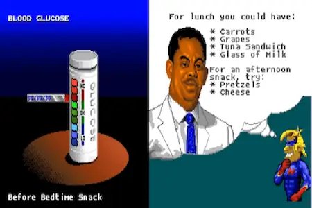 Captain Novolin SNES blood glucose mini-game screen with cartoon doctor and healthy lunch recommendations