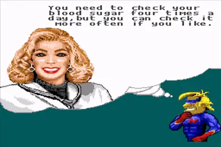 Captain Novolin SNES screen with cartoon doctor advising player to check blood sugar four times a day