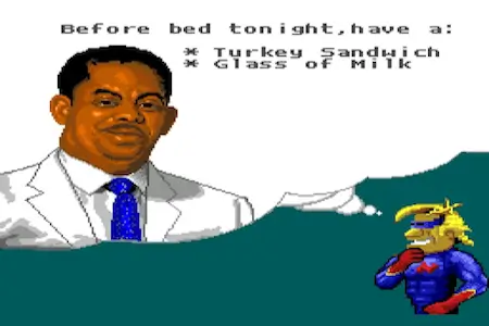 Captain Novolin SNES between-level screen with cartoon doctor recommending a bedtime snack of turkey sandwich and milk