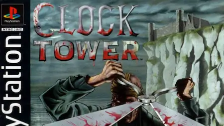 Clock Tower PlayStation cover art showing a woman shielding herself from a pair of bloody scissors.