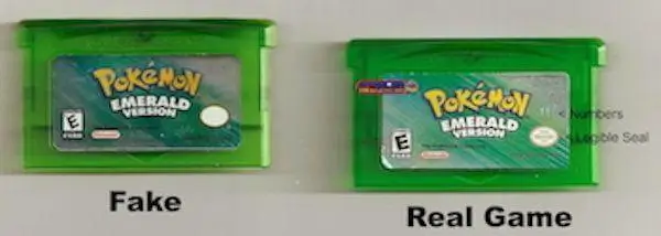 Side-by-side comparison of the front labels of authentic and counterfeit Pokémon games
