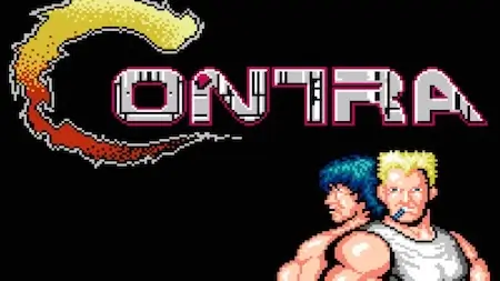 	Screenshot of Contra NES showing 8-bit run-and-gun gameplay