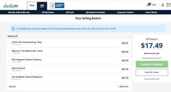 Decluttr trade-in cart total screenshot
