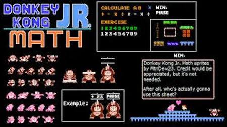 Donkey Kong Jr. Math NES screenshot showing calculation exercises.