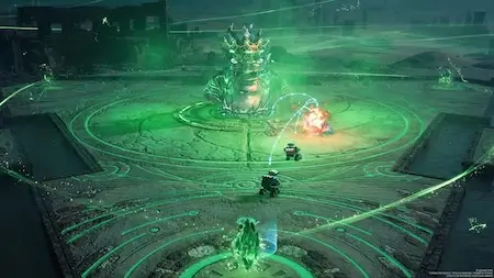 Final Fantasy VII Rebirth Gears and Gambits minigame screenshot showing top-down strategic arena combat.