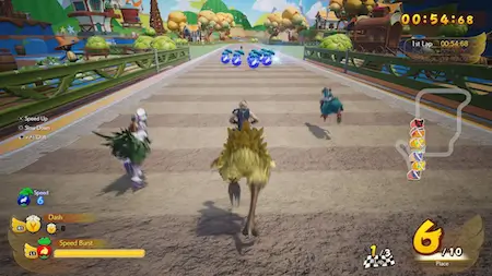 Final Fantasy VII Rebirth chocobo racing minigame screenshot showing track race with multiple riders.