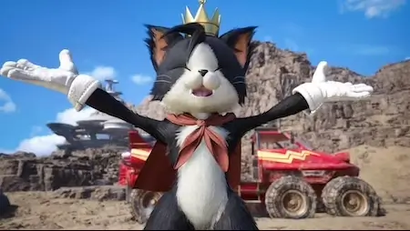 Final Fantasy VII Rebirth Cait Sith minigame screenshot with crowned cat character posing in front of red vehicle.