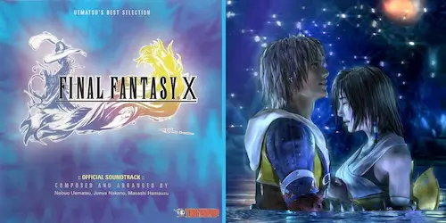Final Fantasy X official soundtrack cover art alongside Tidus and Yuna in the romantic water scene