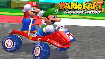 Mario Kart Double Dash gameplay screenshot on Nintendo GameCube showing two drivers per kart