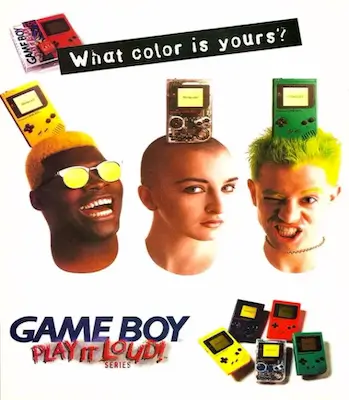 Game Boy Color ad highlighting a colorful 90s handheld console known for portable gaming and backward-compatible features.