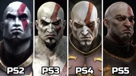 God of War remaster comparison – Kratos character graphics on PS2, PS3, PS4, and PS5