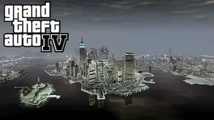 "Liberty City skyline in GTA IV modeled after New York, central to GTA 4 gameplay