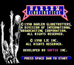 Harlem Globetrotters NES game intro screen – infamous for frustrating AI and a washed-out purple color palette.
