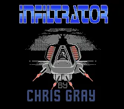 Infiltrator NES intro screen – featuring Jimbo Baby McGibbits in a chaotic helicopter and stealth mission flop.
