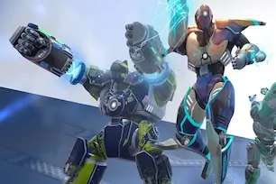 Mech Arena video game artwork – futuristic combat robots fighting in a sci-fi arena