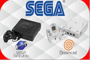 Sega Saturn and Sega Dreamcast consoles side by side under Sega logo – retro console wars image