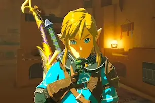 Link from The Legend of Zelda in a dimly lit fantasy room.