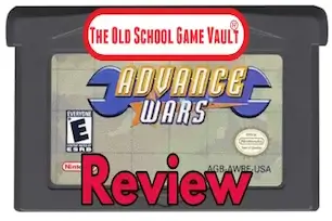 Advance Wars GBA cartridge with The Old School Game Vault logo and bold red Review text overlay