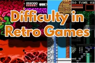 Difficulty in retro games graphic with classic old-school NES screenshots.