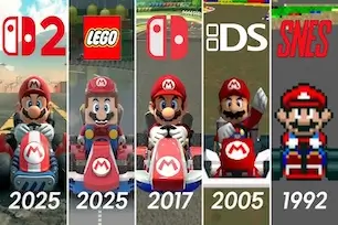 Mario kart racing evolution from SNES to Switch 2 across multiple Nintendo generations.
