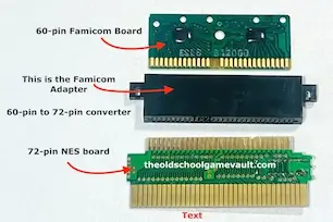 Side-by-side comparison of 60-pin Famicom board, Famicom to NES adapter, and 72-pin NES board showing internal converter structure
