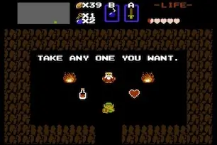 The Legend of Zelda NES screenshot showing the Take Any One You Want cave reward room.