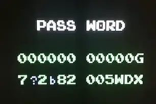 NES Metroid password screen – retro video game save system using alphanumeric codes