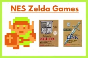Retro pixel art of Link alongside NES box art for The Legend of Zelda and Zelda II: The Adventure of Link, with the title 'NES Zelda Games' in bold text.