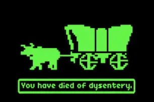 Oregon Trail Apple II screenshot showing the famous You have died of dysentery screen.