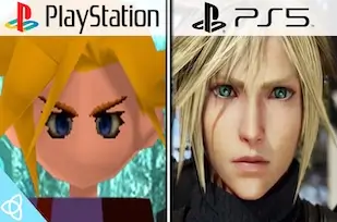 Original Final Fantasy VII PS1 character model compared to the modern Final Fantasy VII Remake Cloud Strife.