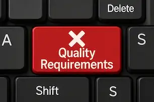 Red keyboard key labeled "Quality Requirements" with a white X icon – The Old School Game Vault branding.