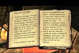 In-game book showing readable text used for worldbuilding in video games