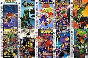 Sega Saturn game covers – classic titles like Sonic Jam, Marvel Super Heroes, Nights, Croc, and Guardian Heroe