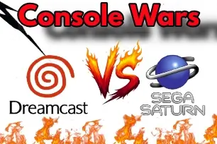 Sega Saturn and Sega Dreamcast consoles side by side under Sega logo – retro console wars image