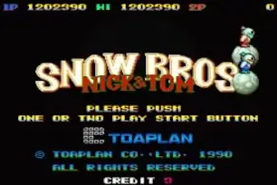 Display the Snow Brothers NES title screen. The image shows the game logo along with the snowman characters, Tom and Nick.