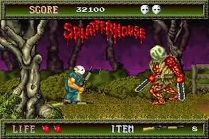 Screenshot of Splatterhouse on the TurboGrafx-16 showing Rick in a hockey mask fighting gory monsters in a dark, blood-soaked level