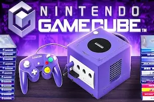 Purple Nintendo GameCube console with controller and stacked game cases, set against a retro-themed background with the Nintendo GameCube logo