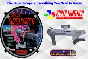Super Nintendo Super Scope 6 box art with SNES Super Scope light gun accessory and The Old School Game Vault logo