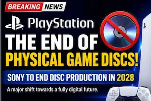 Breaking news graphic announcing Sony ending PlayStation disc production in 2028