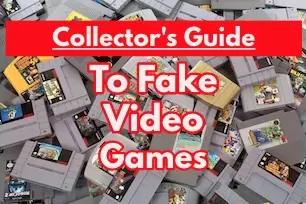 Pile of NES cartridges with bold red text overlay reading "Collector's Guide to Fake Video Games.