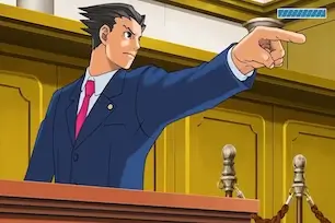 Phoenix Wright pointing across the courtroom in Ace Attorney.