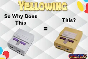 Super Nintendo console yellowing comparison – original gray SNES vs discolored yellowed SNES plastic due to aging and oxidation
