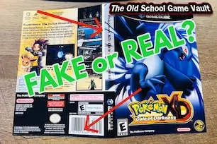 How to spot fake GameCube artwork – visual guide using Pokémon XD case insert with arrows showing misaligned logo and barcode