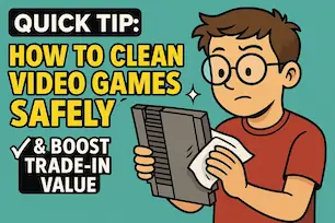 Cartoon illustration showing a gamer cleaning retro video games and cartridges with tools, highlighting trade-in value boost tips.