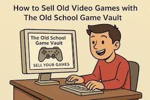 Cartoon of a happy gamer trading retro video games for cash, with icons for shipping, payment, and The Old School Game Vault process